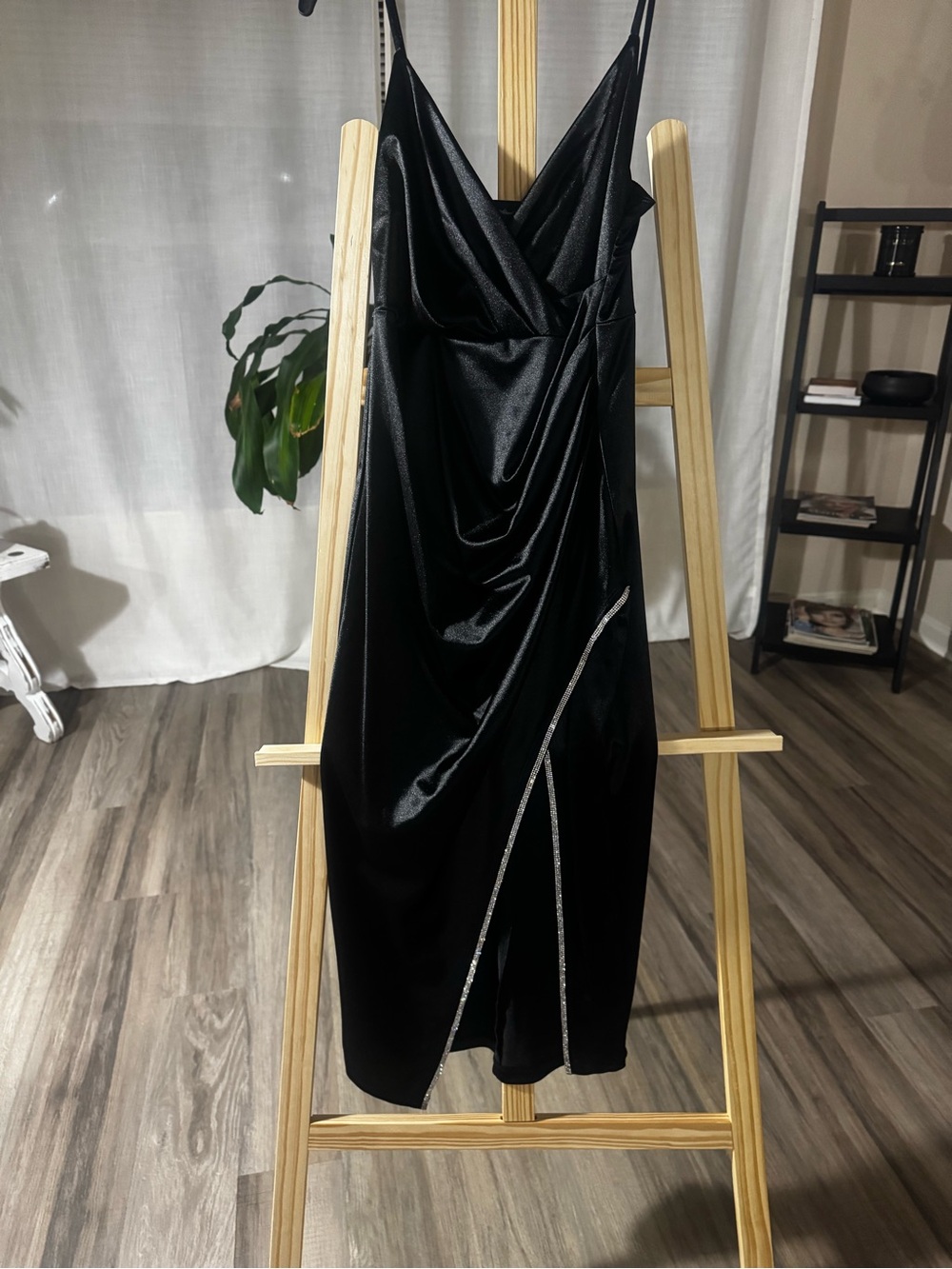 Black Draped Slip Dress with Rhinestone Trim